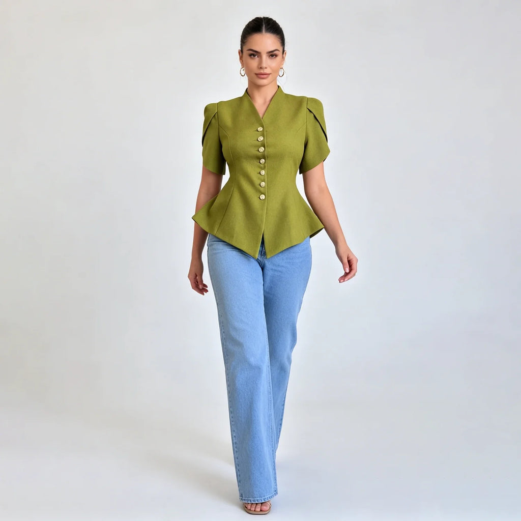 LIMO Peplum Blazer Top with V-Neck, Puff Sleeves and Decorative Buttons