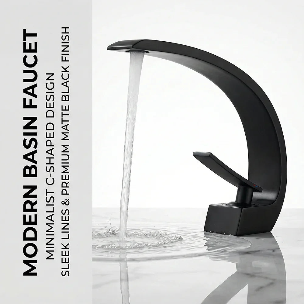 Matte Black Bathroom Faucet, Aluminum Alloy Modern C-Shaped Waterfall Spout Single Handle Basin Mixer Tap, Deck Mount Hot Cold W