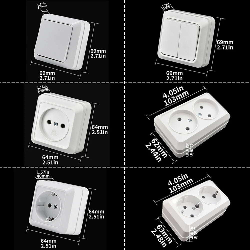 White Wall Mount Socket EU Standard Electrical Outlett Ground Vintage Surface Power Socket Plugs Flame Retardant Plastic