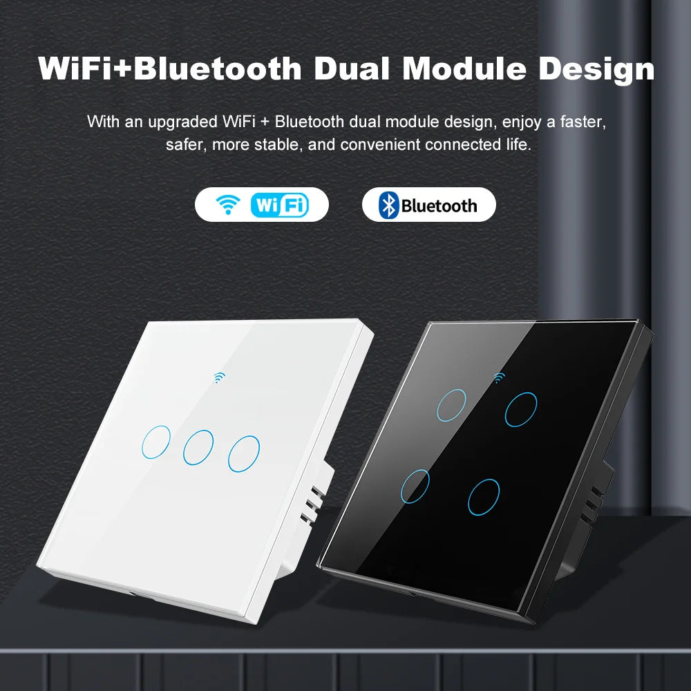 Smart EU Touch Sensor Switch Switches LED Crystal Glass Panel Wall Lamp Light Switch 1/2/3/4Gang No Neutral Wire APP Control
