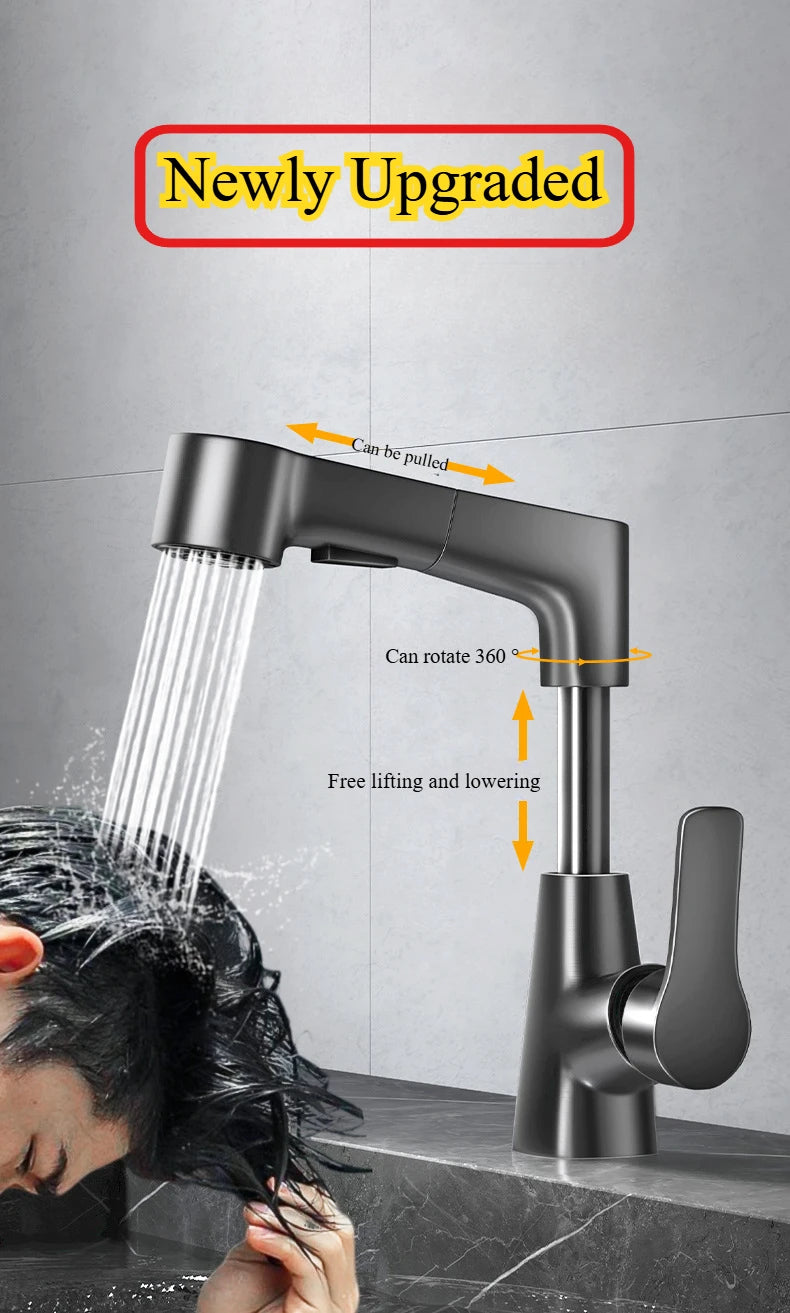 Basin Faucet Bathroom Pull Out Lift Mixer Tap Hot & Cold Water 360° Lift Up and Down Bathroom Sink Faucet