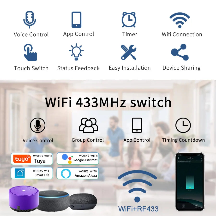 Smart Wifi Touch Switch Neutral Wire/No Neutral Wire Required US 1/2/3/4 Gang Light Switch Works with Tuya Smart Life App