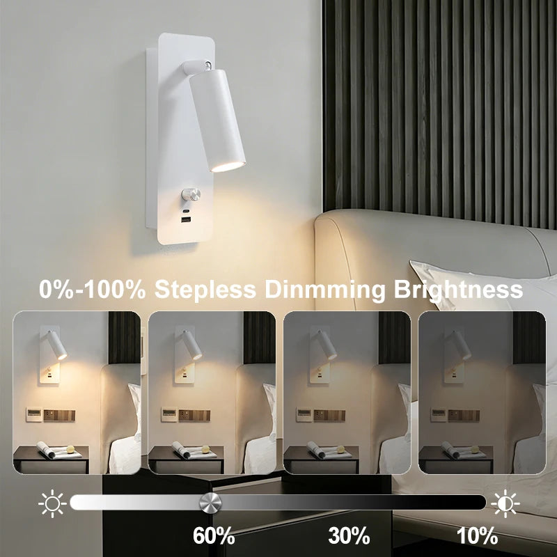 Wall Light 3000K Warm Light Knob Switch with USB Phone Charging, Bedroom Bedside Lamp, Wall Light Can Rotate 350°