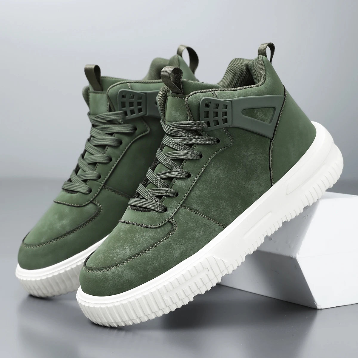 Men's Green High Top Sneakers Casual Leather Skate Shoes Lace-up Platform Streetwear Ankle Boots