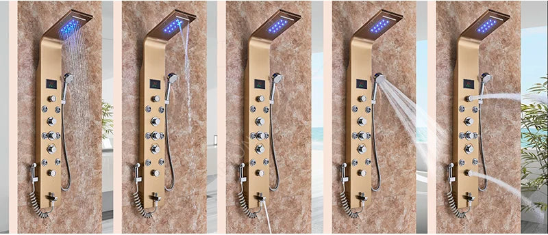 LED Light Bathroom Shower Panel Intelligent LCD Shower Column System with 6 Modes Rain Waterfall Massage Jet Bath Mixer Tap