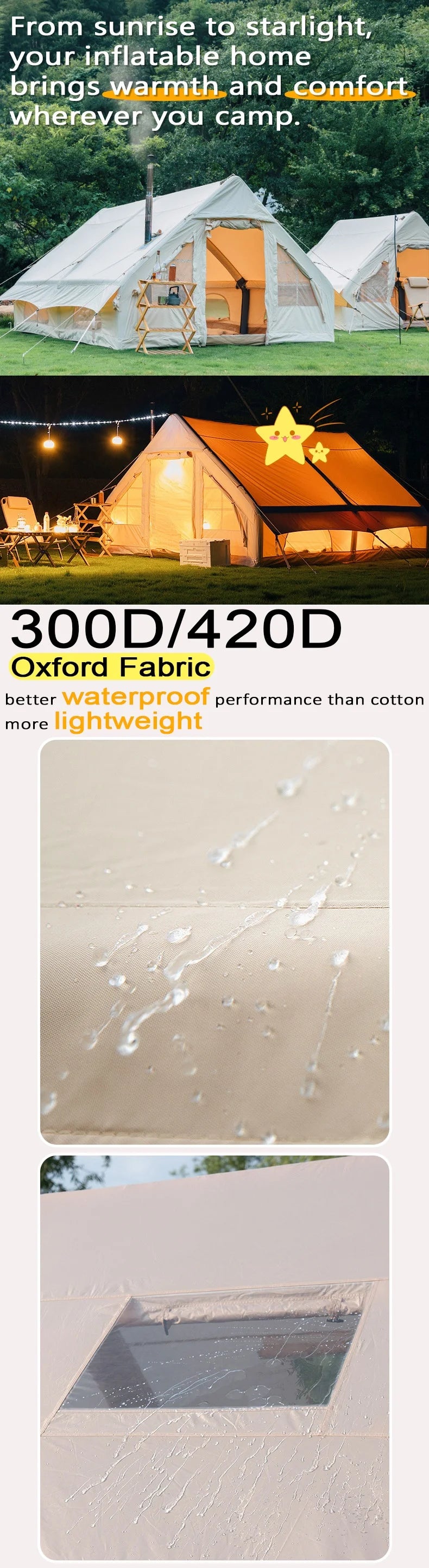 Camping Tent, 16 sq.m Poly-Cotton Glamping Air Tent, 6-8 Person Instant Setup Waterproof Four Season Family Cabin Tent