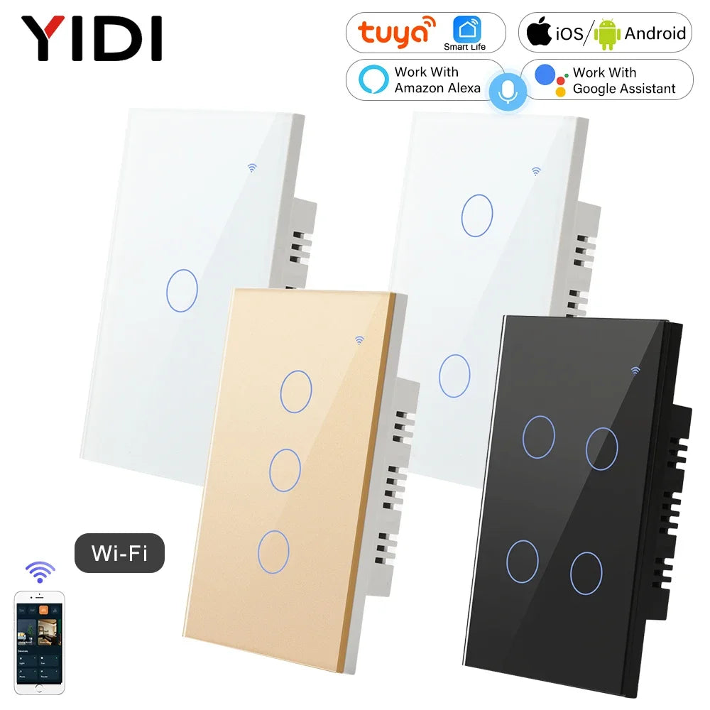2 3 4 Gang 2 3 Way US Tuya Smart Wall Touch Light Switch for LED with No Neutral WiFi Glass Australia Brazil Android RoHS Alexa