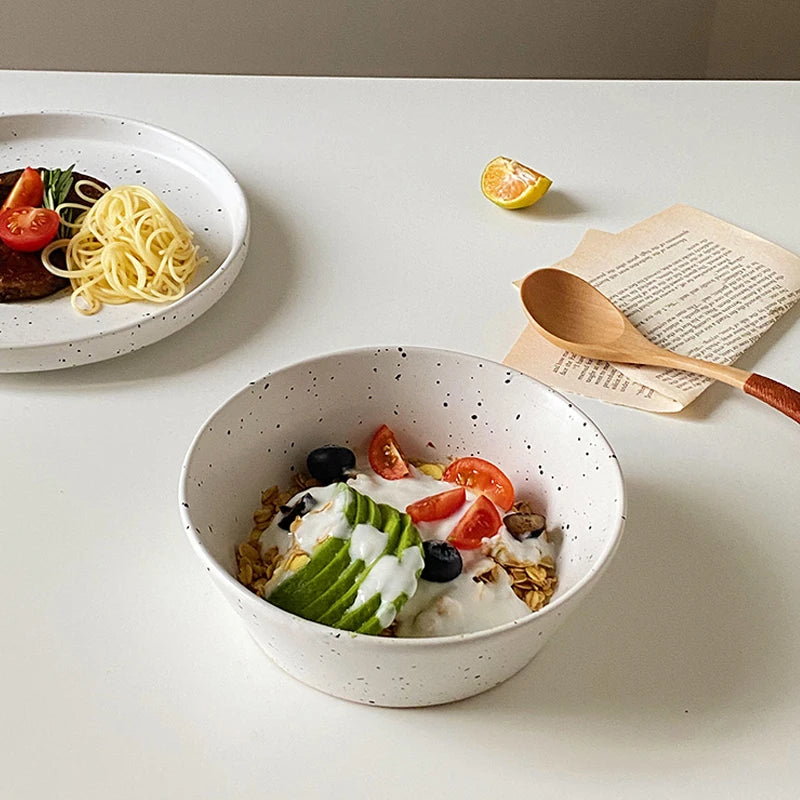 Retro Style White Ink-splashed Ceramic Bowl and Plate Western Food Steak Fruit Dessert Tray Salad Bowl Tableware Main Dish Plate