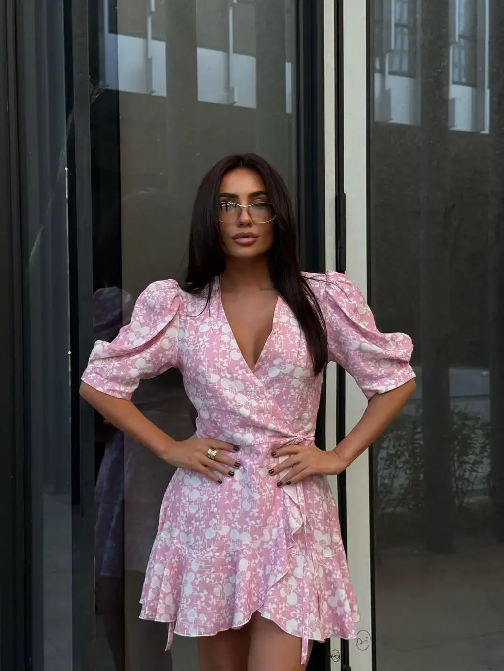 Fashion Women V Neck Printed Short Dress Puff Sleeve Waist-cinching Lace Up Mini Dresses Lady Chic Daily Street Gown 2026 Summer