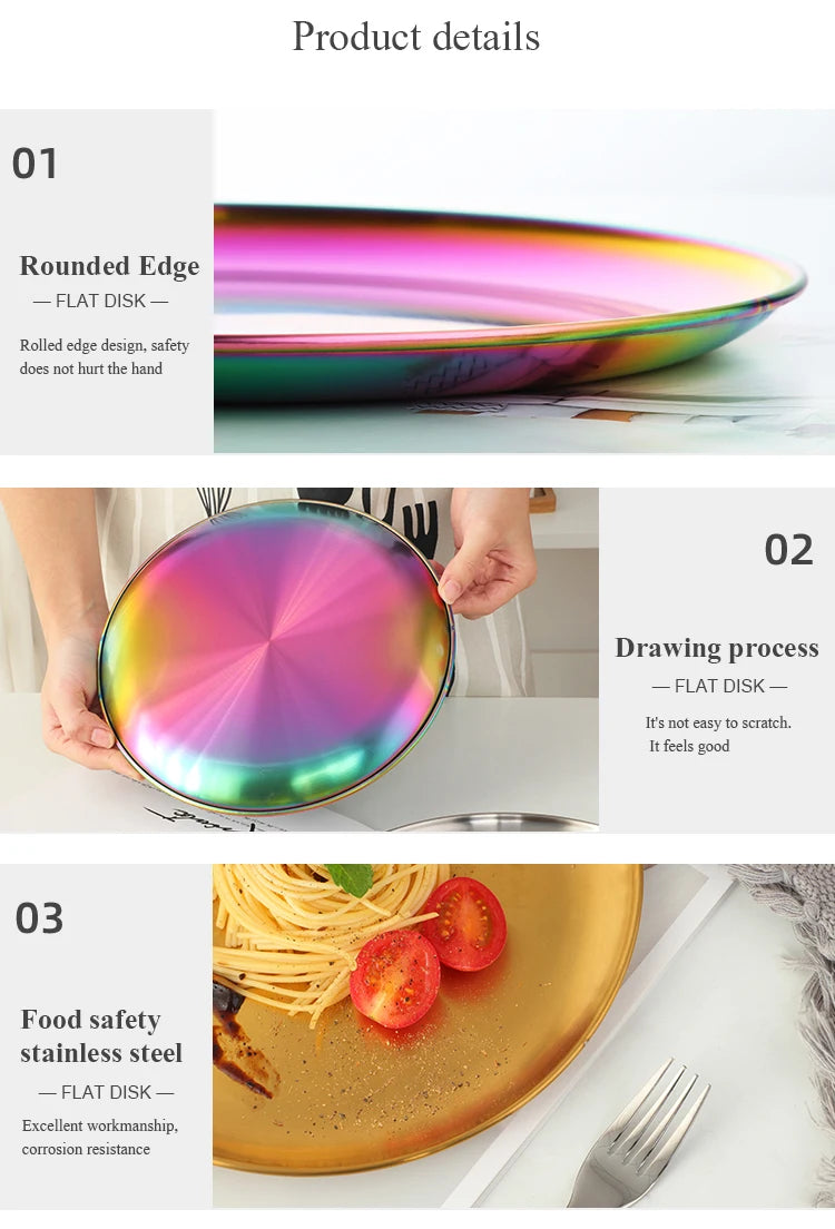 Stainless Steel Dinner Plates European Style Dessert Plate Kitchen Serving Dishes Salad Plate Cake Tray Western Steak Round Tray