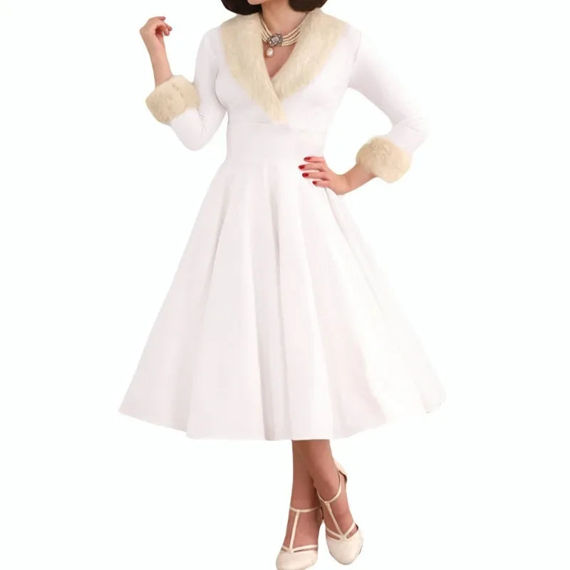 2024 Retro Temperamental Women Christmas Dresses Vintage V-Neck High Waist Long Dress Raw Edge Patchwork Large Swing Party Dress