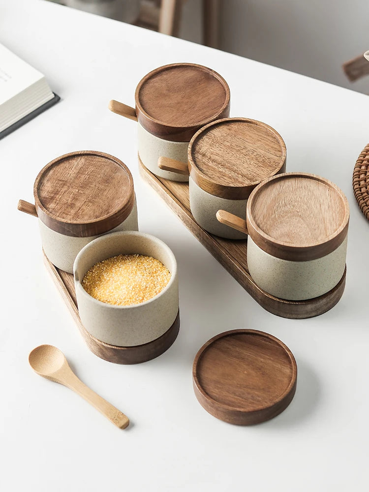 JUSTINLAU Ceramic Seasoning Jar Japanese Spice Container with Bamboo Lid Spoon Home Oil Pot Seasoning Bottle Tray Kitchen Tools