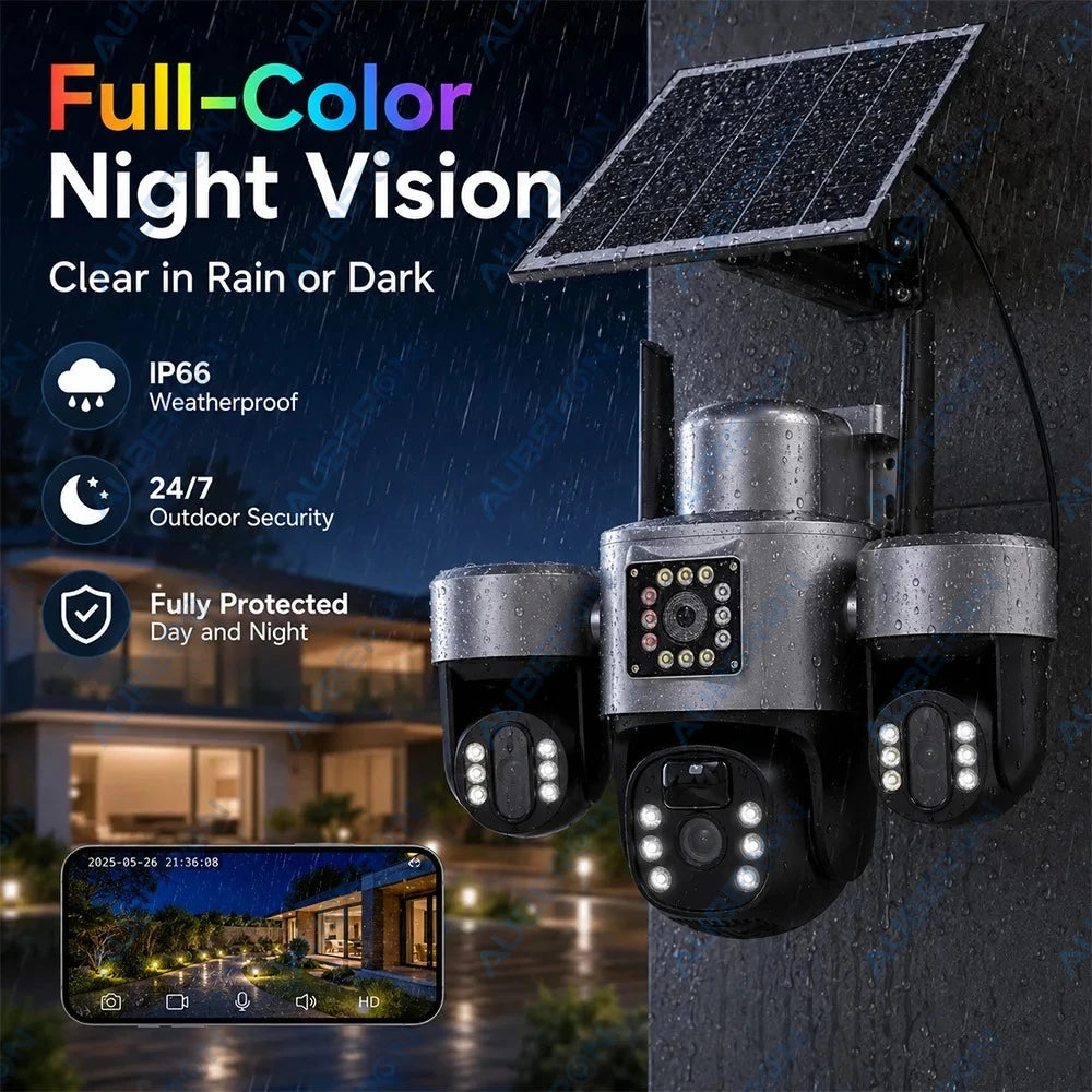 Solar 4G Security Camera 3 Lens 3 Screen Outdoor V380 APP 6MP PTZ PIR Full Color Night Vision IP66 Waterproof Battery Cam System