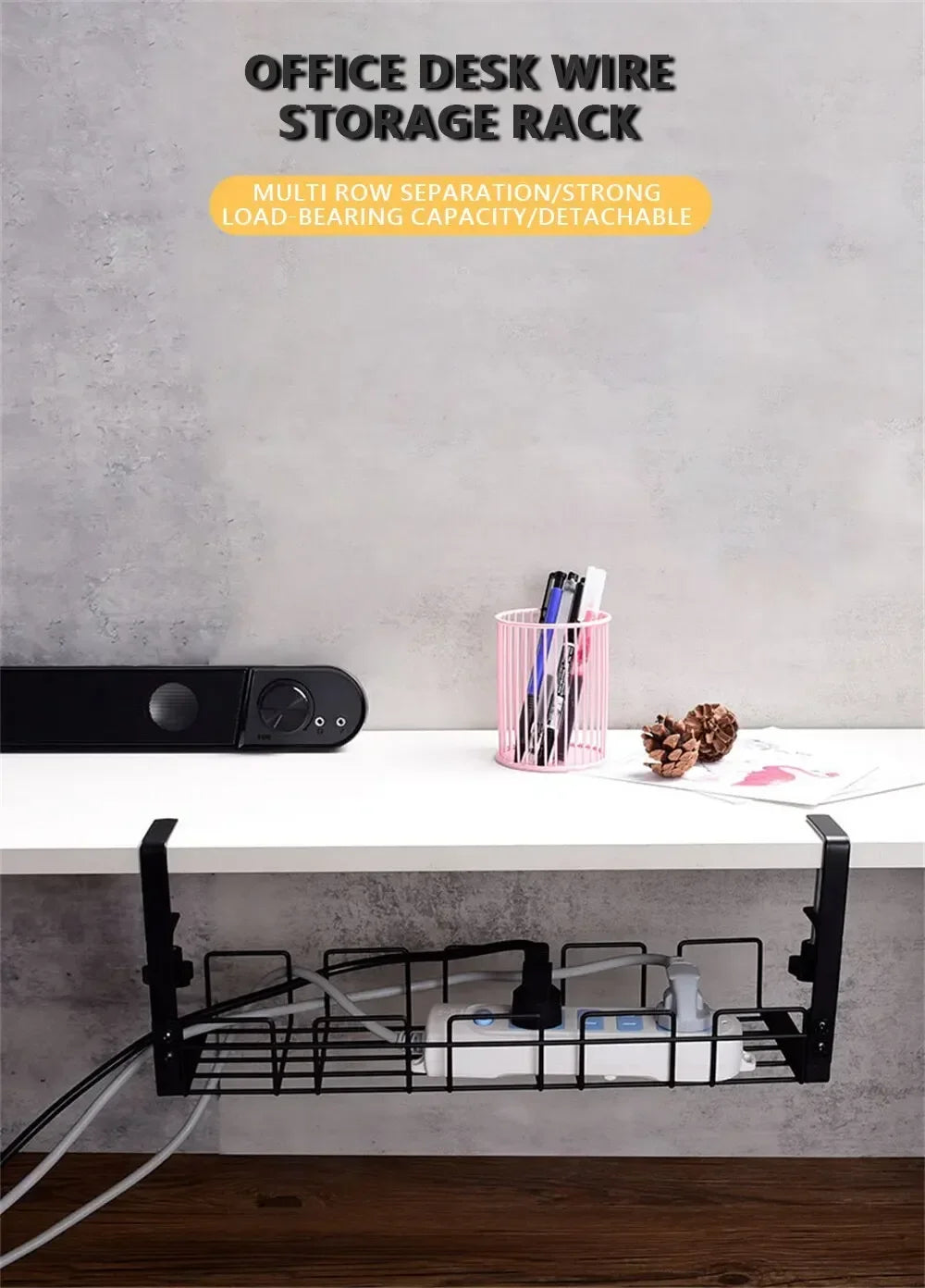 Home Office Desk Wire Organizer No Punching Kitchen Storage Accessories Under Table Storage Rack Metal Cable Management Tray 