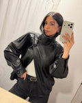 Fashion Black Faux Leather Short Jackets Women Retro High Neck Long Sleeve Oversized Coats Lady Autumn Winter Classic Streetwear