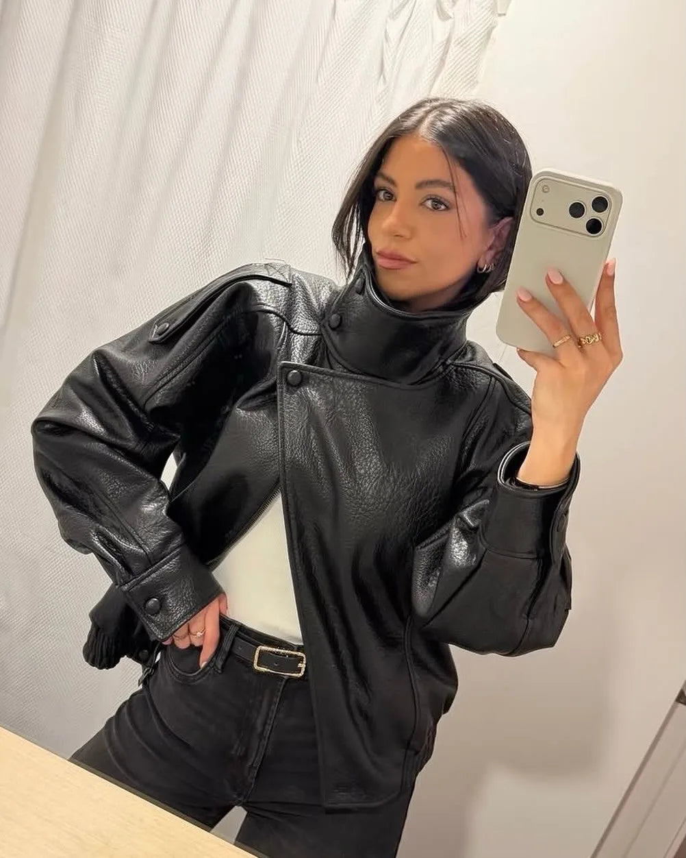 Fashion Black Faux Leather Short Jackets Women Retro High Neck Long Sleeve Oversized Coats Lady Autumn Winter Classic Streetwear