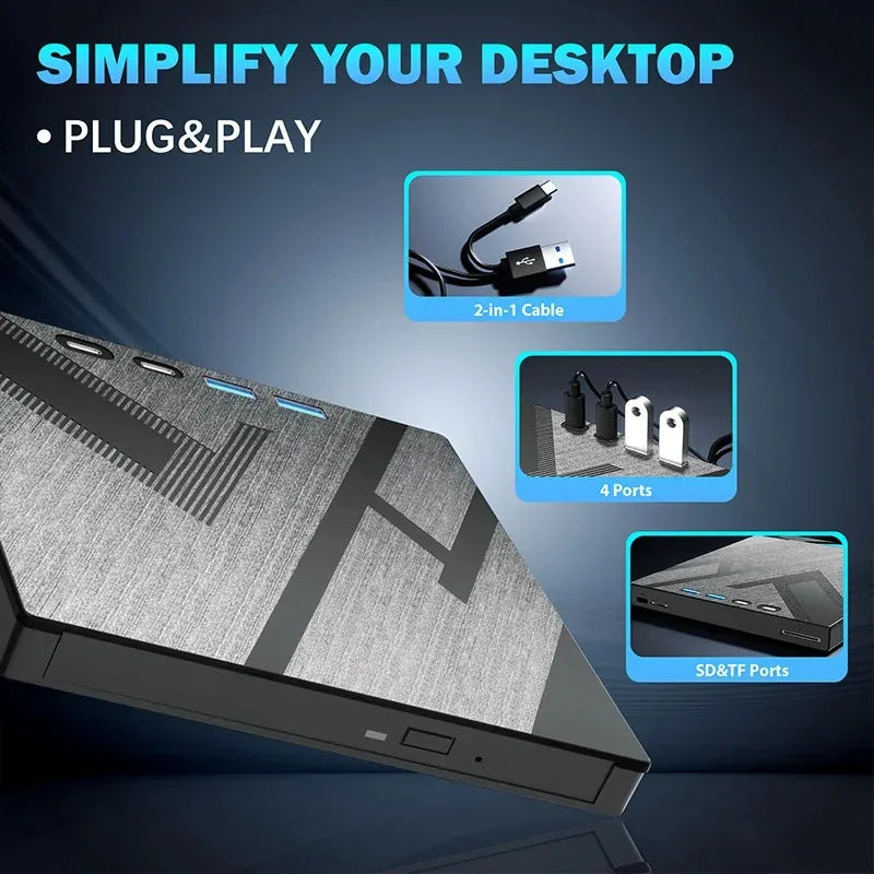 NEW USB3.0 Type-C External Bluray Optical Drive for Laptop PC Portable BD DVD CD -/+RW Player Burner Reader with SD/TF Card Slot