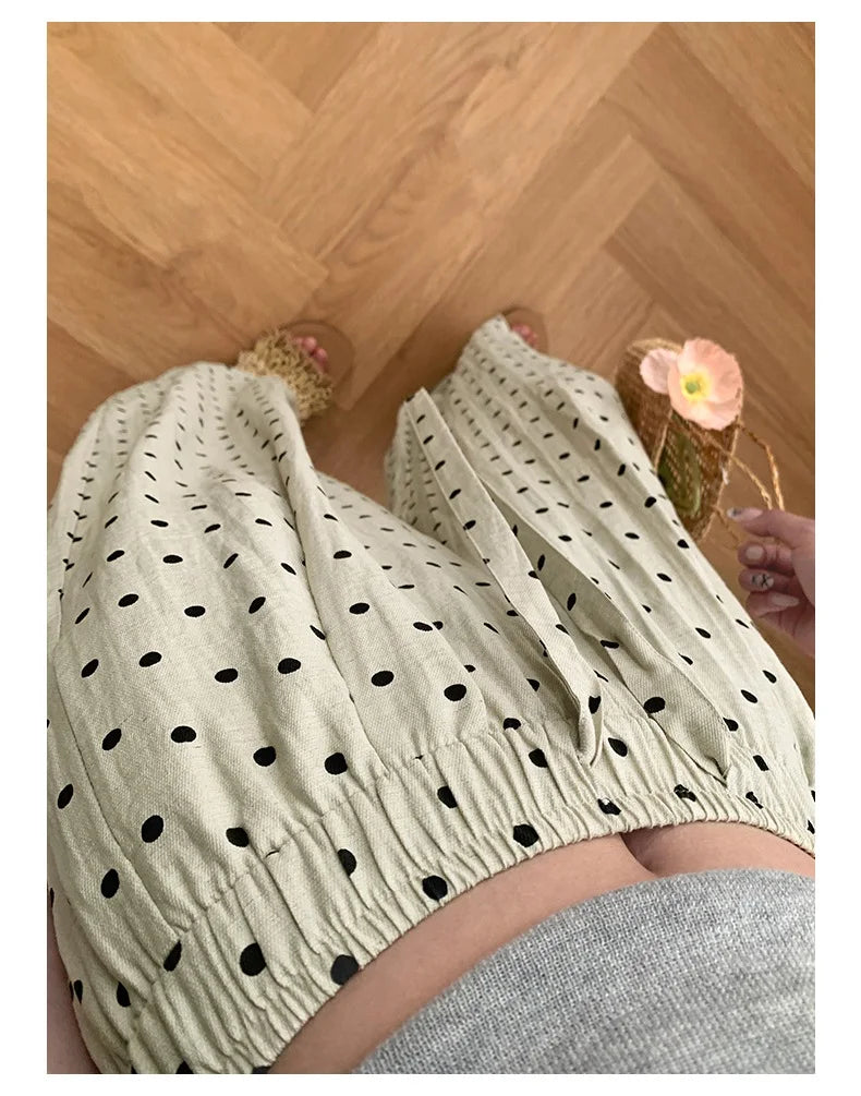 Polka Dot Cotton Linen Pants White Women Wide Leg Summer Spring Baggy Trousers For Woman High  Waist Linen Loose Pants Women