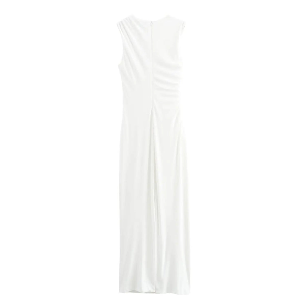 BSAY Women Fashion Summer New White Pleated Back Zip Sleeveless Crewneck Vest Long Dress Chic Female Elegant Evening
