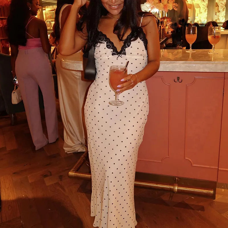 Lace V-Neck Patchwork Maxi Dress Women Backless High Waist Slim Spaghetti Contrast Party Dress Female Spring Long Dress Hot Sale