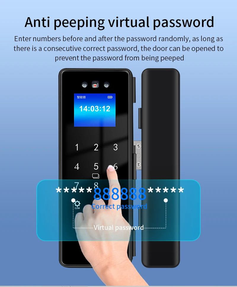 3D Face Tuya Wifi Electronic Smart Glass Door Lock With Biometric Fingerprint/RFID Card /Password Unlock/USB Emergency Charge
