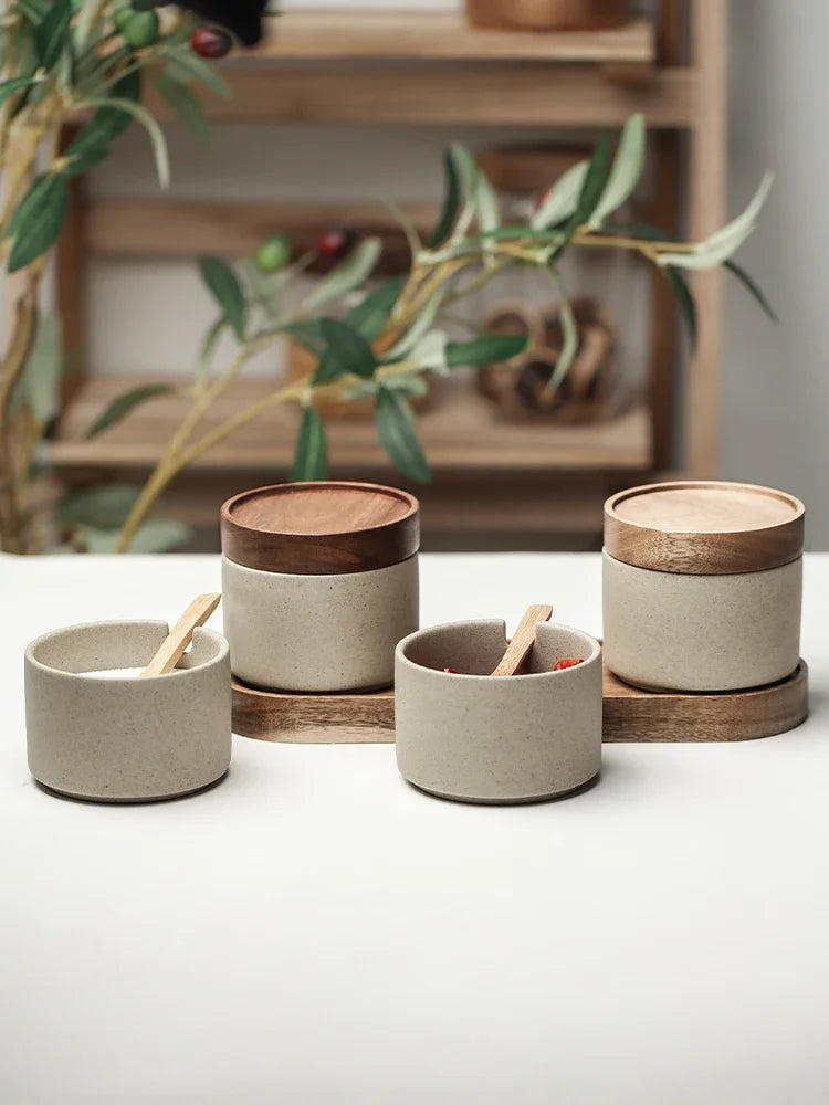 JUSTINLAU Ceramic Seasoning Jar Japanese Spice Container with Bamboo Lid Spoon Home Oil Pot Seasoning Bottle Tray Kitchen Tools