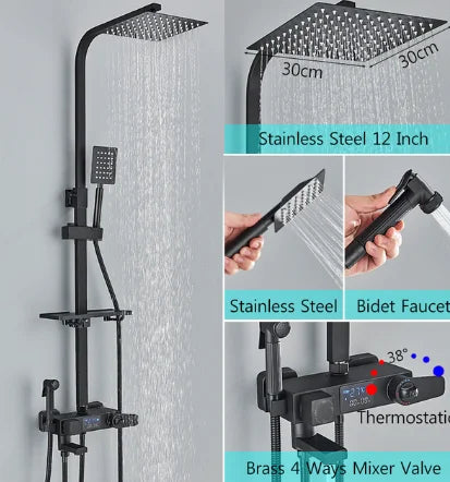 Chrome/Black Thermostat Shower Set Faucet 4 Ways Bathroom Faucet Rainfall Mixer Tap Digital Display Shower Set System Bathroom
