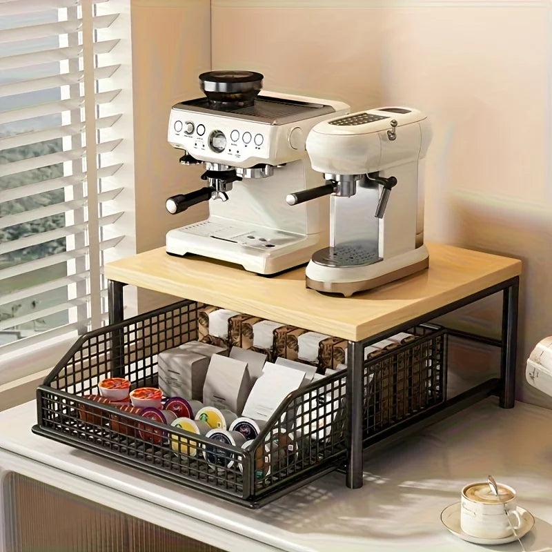 Sturdy Hardwood Space Saving Kitchen Countertop Organizer with Drawer Wire Basket for Coffee Maker