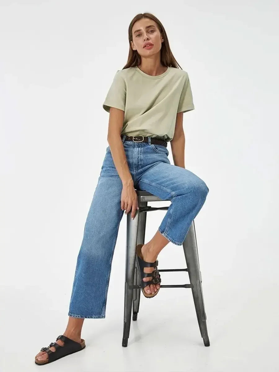 Wolfeel Summer 100% Cotton Women's T-shirt Bottoming Basic Fashionable Solid Lady Short Sleeve Loose Tops Shirts 230g/㎡ Tops