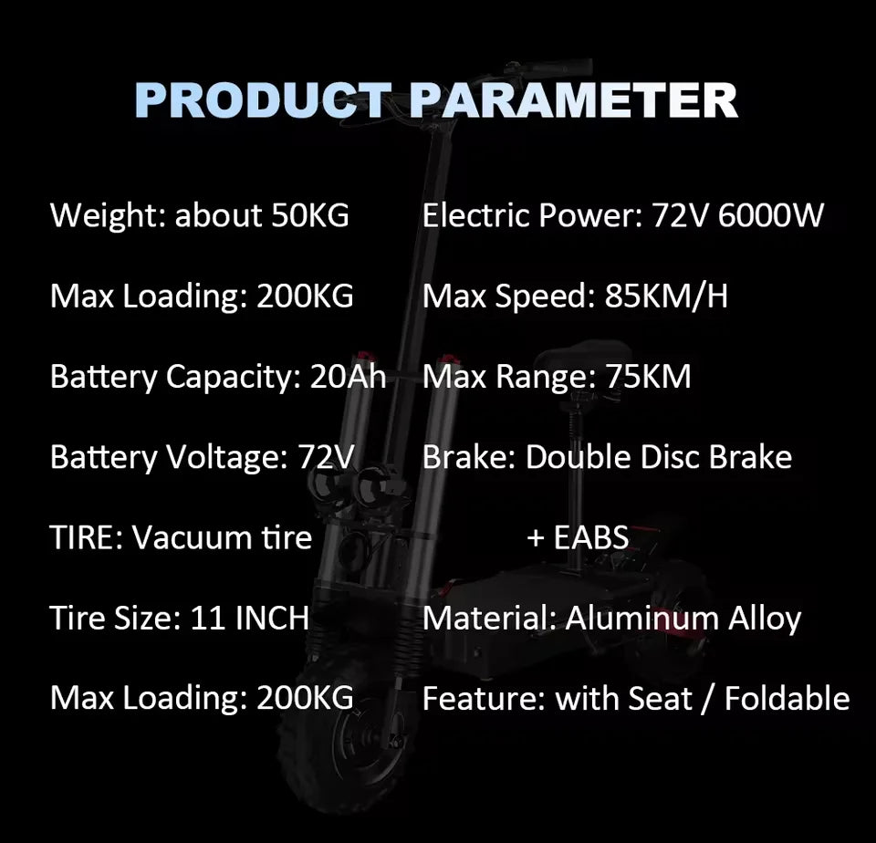 6000W High Power Dual Motor Electric Scooter Aluminum Alloy Folding Frame Off-Road Tire Dual Hydraulic Shock Adult E-Scooter