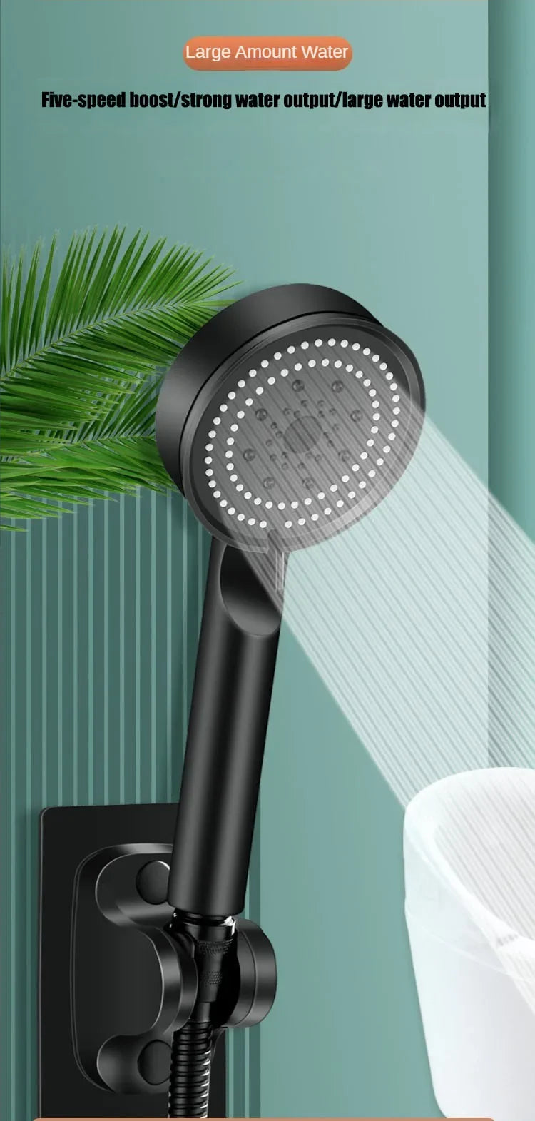 High-Pressure Handheld Shower Head with Stand and Hose - 5 Adjustable Water Flow Modes, Round Plastic Bathroom Accessory