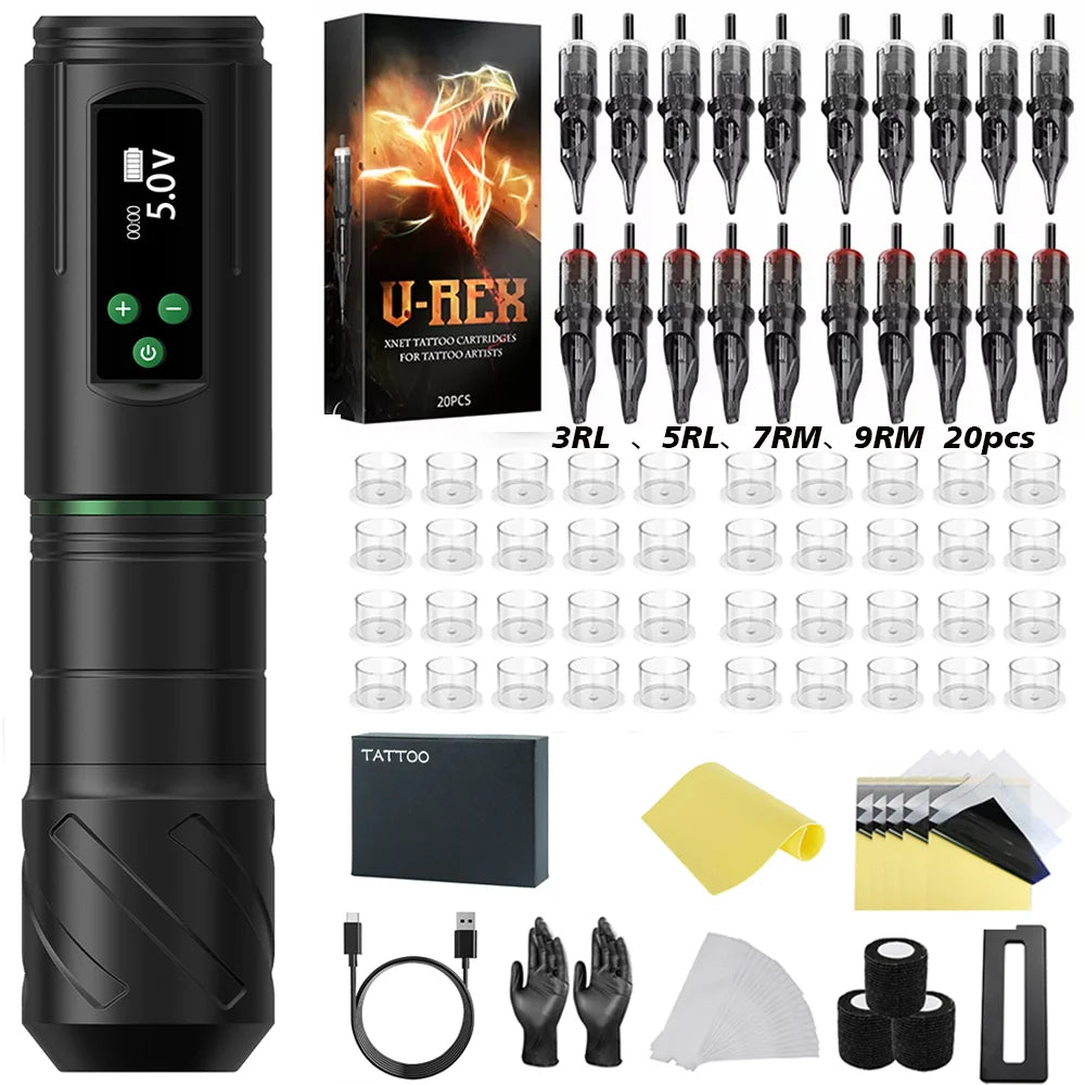 Kiss of Dragon Tattoo Kit Wireless Tattoo Machine Pen Kit 3.5mm Stroke Custom Motor 1600mAh LCD Screen Battery Complete Kit