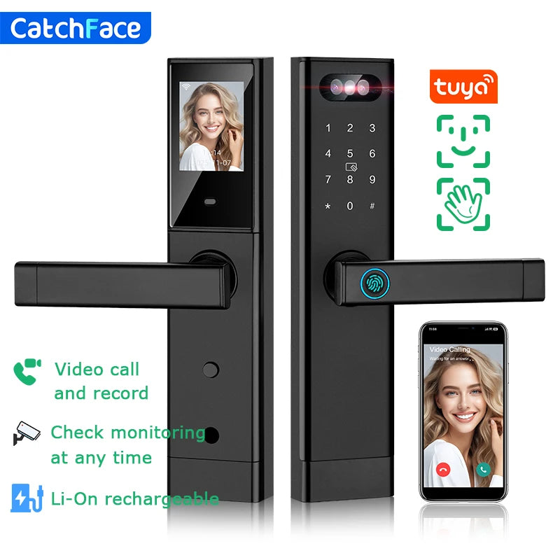 Facial Recognition Video call Automatic Door Lock TUYA Front Door Fingerprint Smart Lock Digit Camera Visible Inner Screen