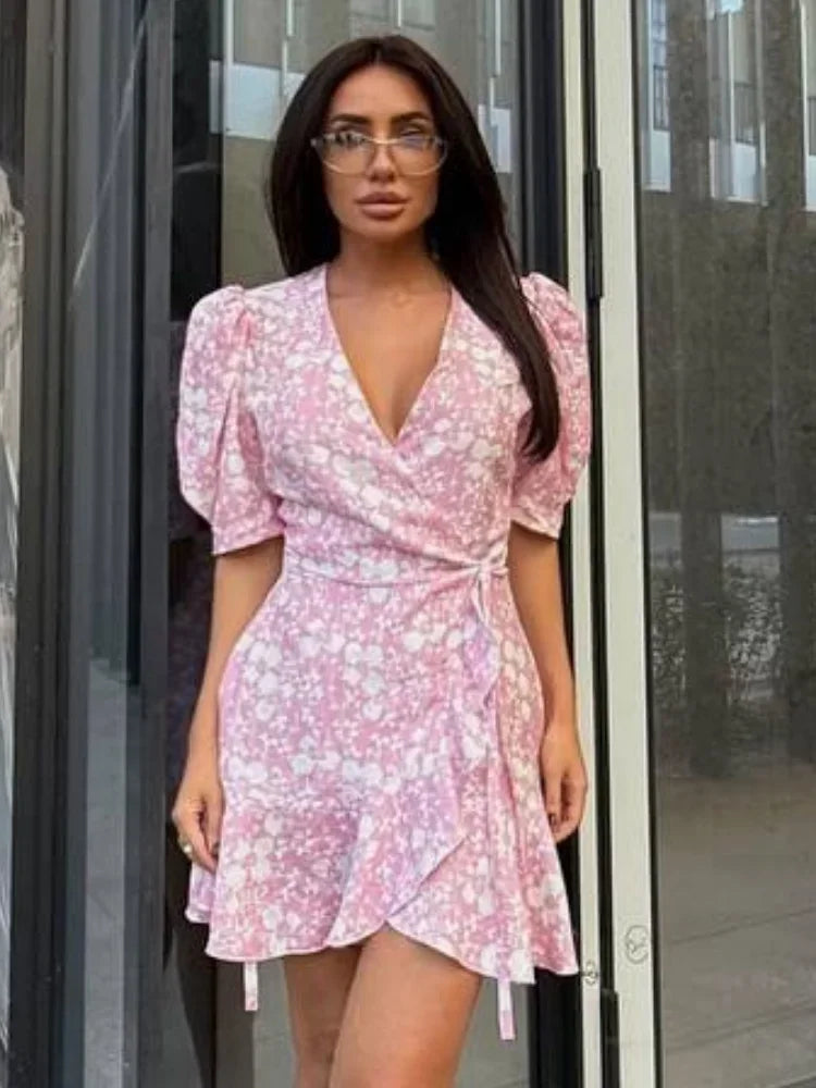Fashion Women V Neck Printed Short Dress Puff Sleeve Waist-cinching Lace Up Mini Dresses Lady Chic Daily Street Gown 2026 Summer