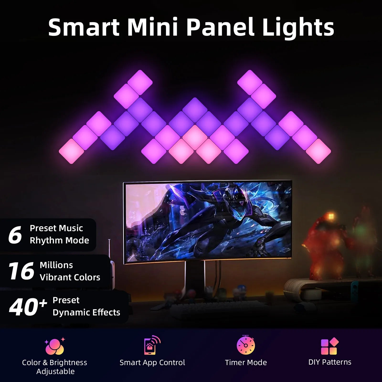 Smart Grid LED Wall Light Kit - RGB Color Changing with App & Music Control, DIY Creative Backlit Panels for Gaming Room & Bedro