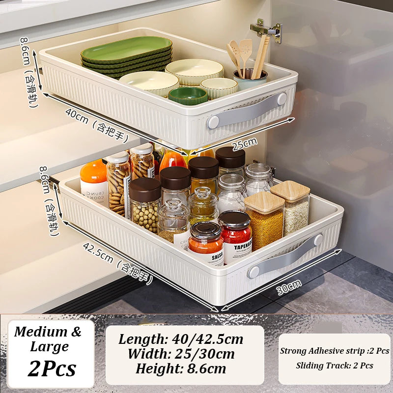 Kitchen Sliding Drawer with Slide Rail Cabinet Clothes Spice Dish Bowl Storage Rack Pull Out Cabinet Organizer Tray With Handle
