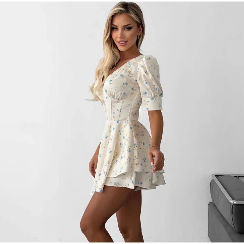 Satin Printed Mini Dress Women Elegant V Neck Puff Short Sleeve Waist-cinching A-line Dresses 2026 Summer Lady Party Robes