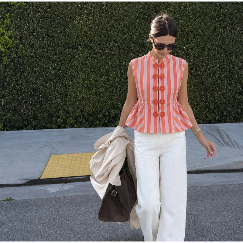 Striped Mandarin Collar Frog Button Ruffle Trim Top Striped Single‑breasted 2026 Summer Women Blouse Versatile Casual Lady Top