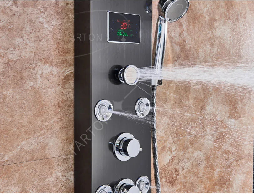 LED Light Bathroom Shower Panel Intelligent LCD Shower Column System with 6 Modes Rain Waterfall Massage Jet Bath Mixer Tap
