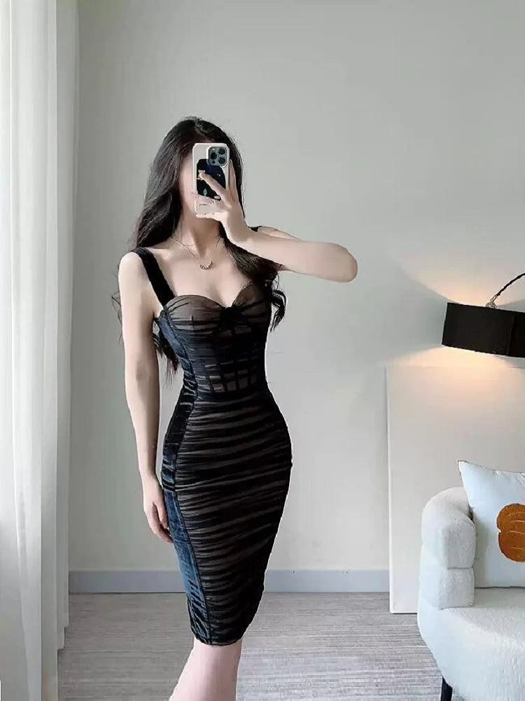 BEAUKEY Sexy Vintage Black Bandage Dress 2025 For Women Summer Draped Spaghetti Split Contrast Bodycon Dress XL Paded Vestido