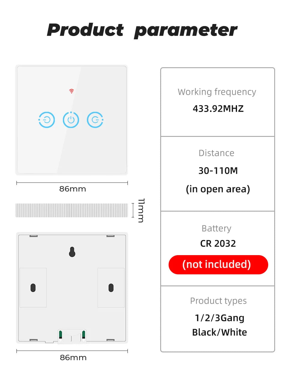 Wireless Radio Frequency RF 433Mhz Switch 1/2/3 Gang Smart Touch Switch Remote Control Tempered Glass Panel Wireless Wall
