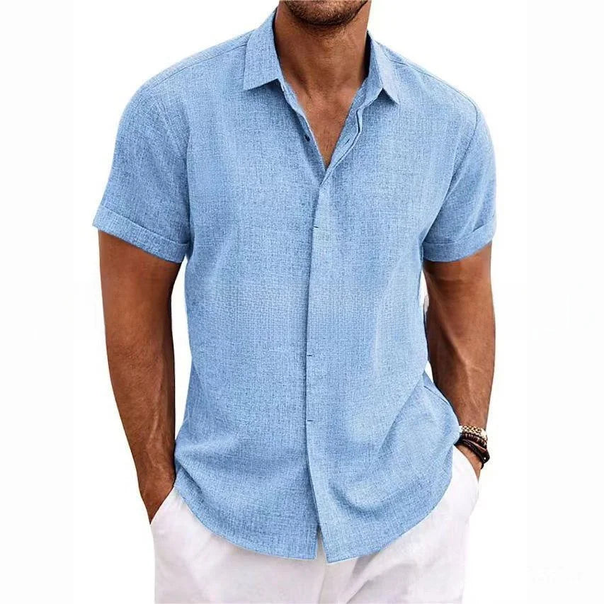Men's Casual Beach Lightweight Linen Sve Shirt Color Standard Fit Short Sleeve Cleanfit PU Leather Inner Wear Pure Color