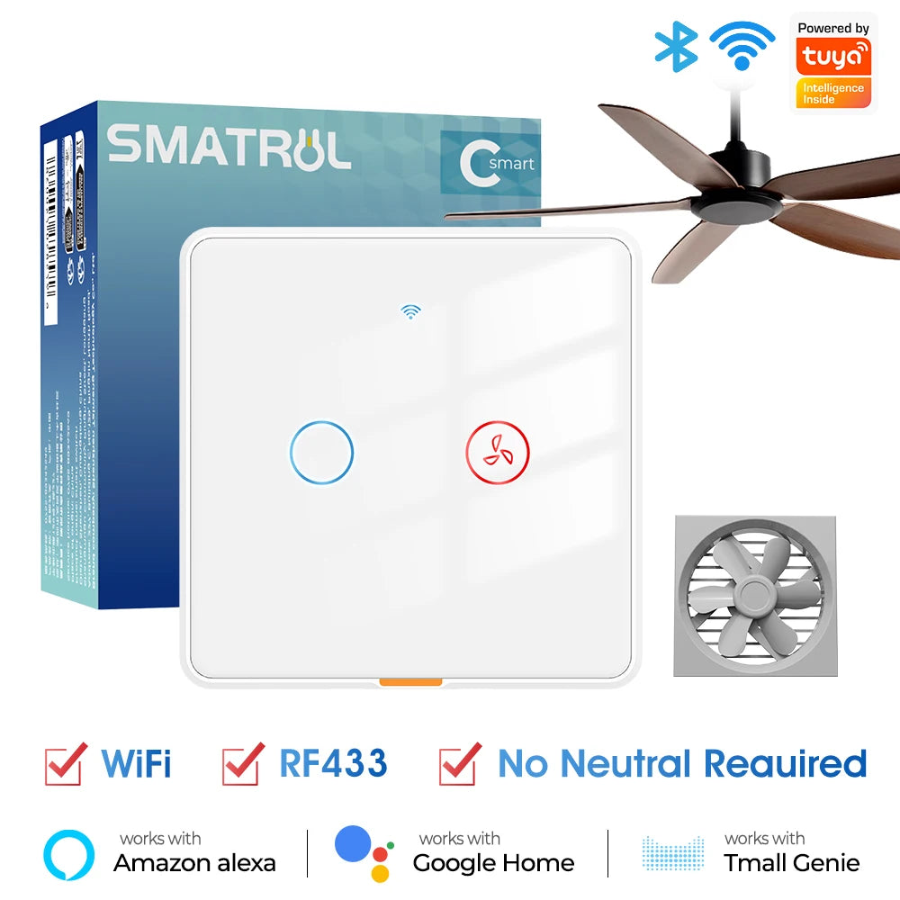 No Neutral Wire Tuya Smart WiFi RF433 Fan Ceiling Light Switch Timer Wall Glass Touch Switch Backlight Timing Control Voice