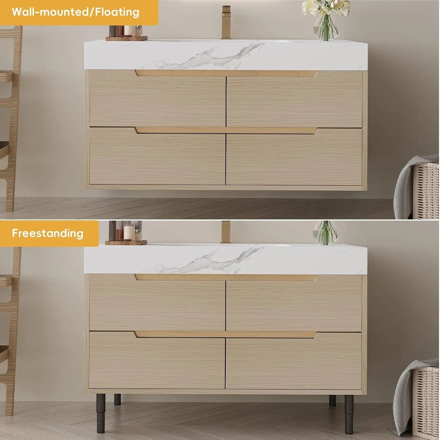 36" Modern Bathroom Vanity with Sintered Stone Top & Ceramic Sink – 4 Soft-Close Drawers, Waterproof Multi-Layer Wood, Custom