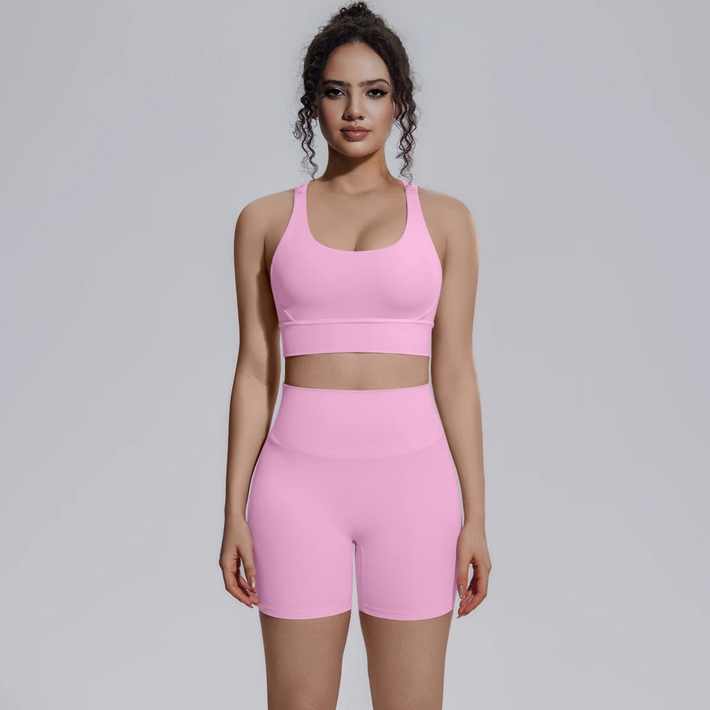 2PCS/set Yoga Set Summer Breathable Running Cycling Backless Sports Bra High Waist Peach Buttocks Fitness Shorts Gym Yoga Set
