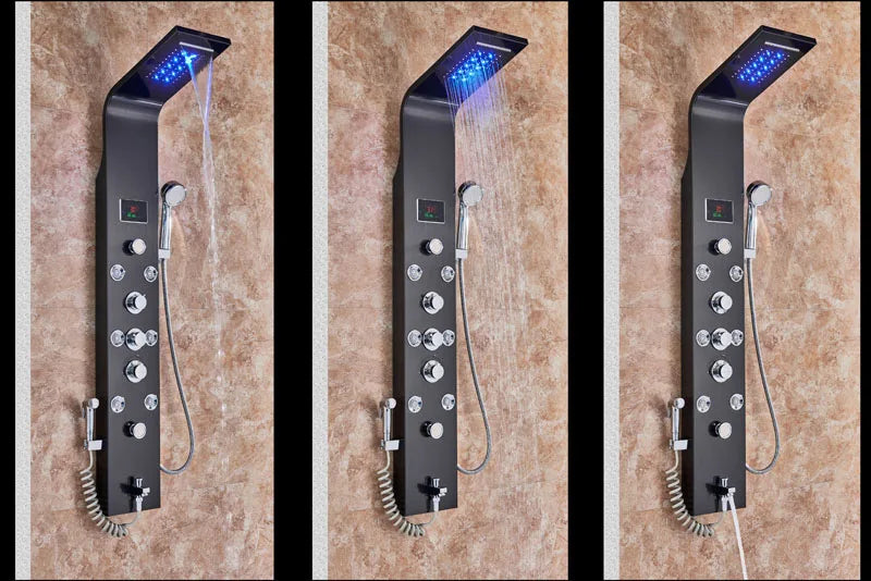 LED Light Bathroom Shower Panel Intelligent LCD Shower Column System with 6 Modes Rain Waterfall Massage Jet Bath Mixer Tap