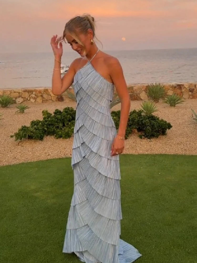 Bohemian Blue Pleated Halter Maxi Dress Women Gentle Sleeveless Asymmetric Ruffles Vestido Romantic Dinner Date Night Gowns 2026
