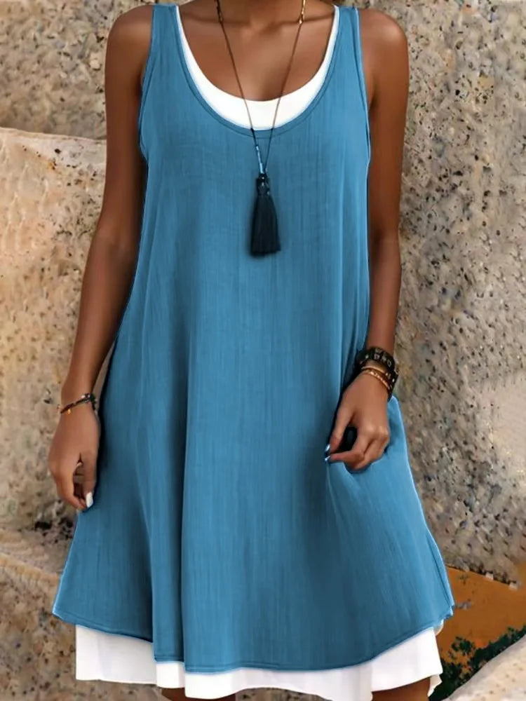 Ladies' Casual Sleeveless Design With A Fake Two Piece Loose Dress Summer Fashion Simple Sleeveless Round Neck Dress For Women