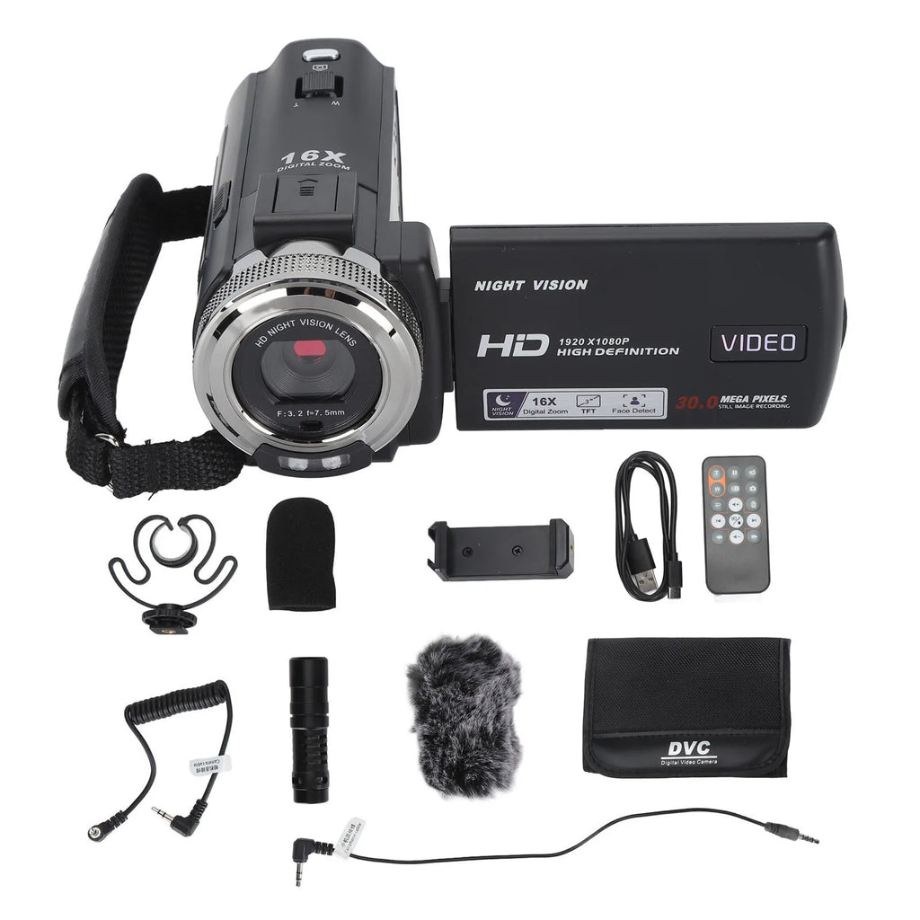 Video Camera Camcorder 30MP 1080P HD 3 Inch TFT LCD Screen 16x Zoom Night Vision Vlogging Camera with Microphone Remote Control