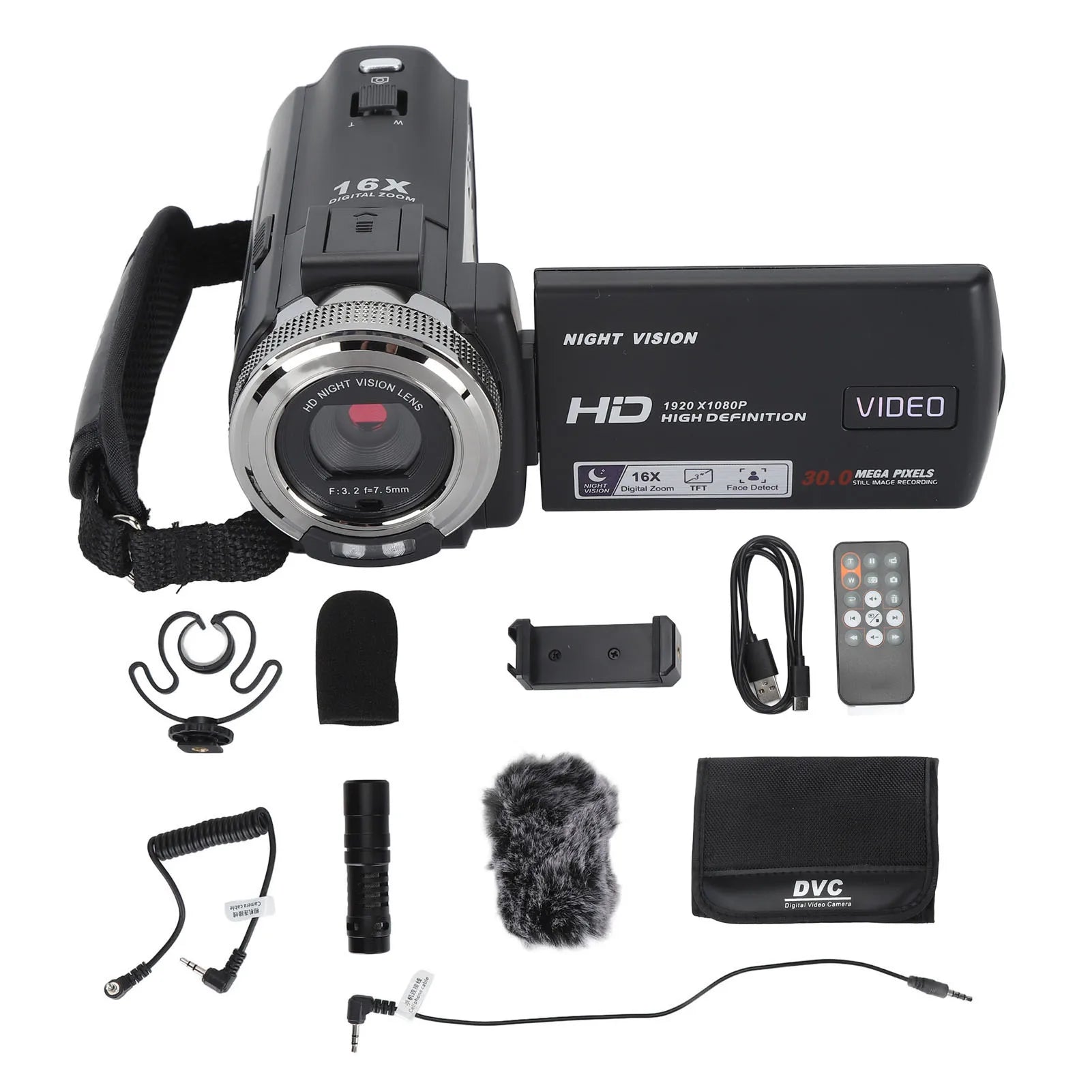 Video Camera Camcorder 30MP 1080P HD 3 Inch TFT LCD Screen 16x Zoom Night Vision Vlogging Camera with Microphone Remote Control